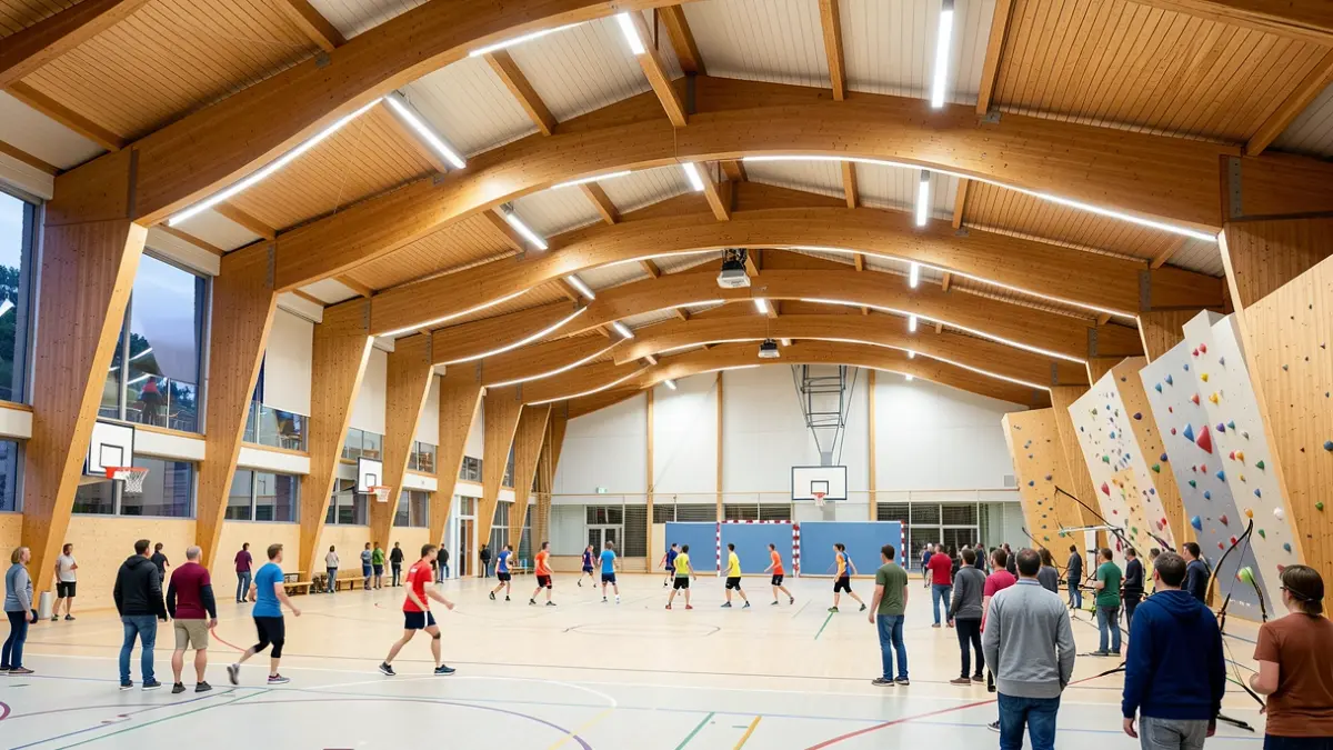 New intercommunal sports complex in Lapeyrouse featuring a wooden roof structure and LED lighting.