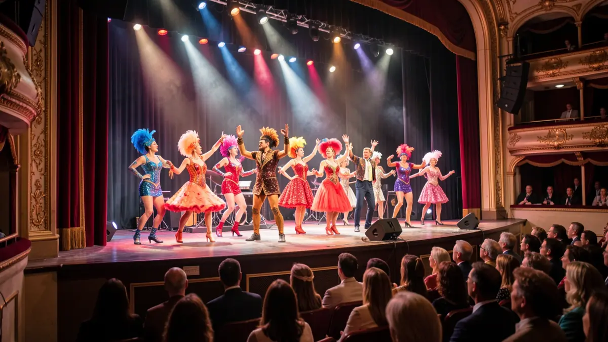 Scène de music-hall rétro avec des danseuses costumées et des paillettes.
