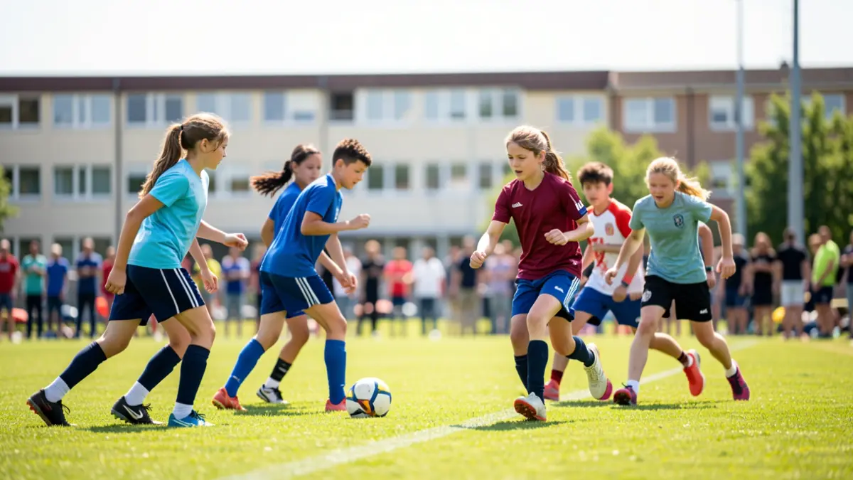 Des élèves pratiquant le football dans le cadre d'un programme scolaire.