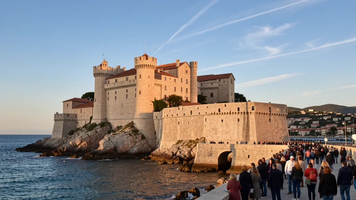 The Royal Castle of Collioure, a historic stone fortress overlooking the Mediterranean Sea, bathed in the warm, golden light of late afternoon.