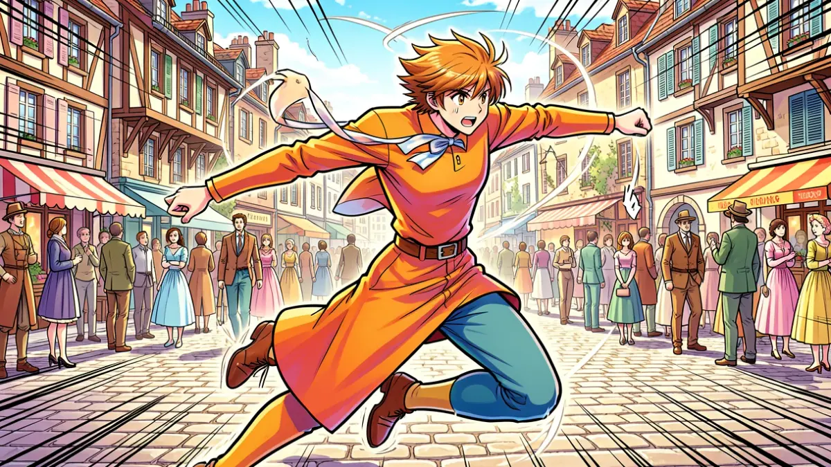 Illustration of a dynamic manga character in a traditional French town setting.