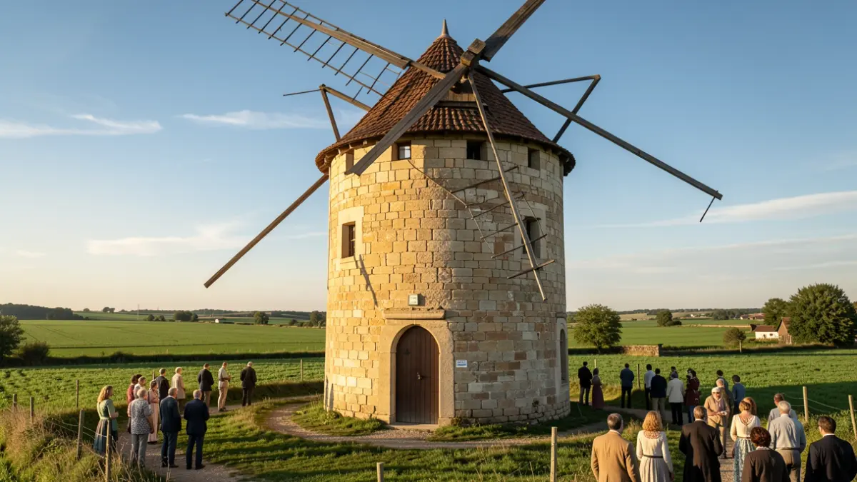 Vue extérieure du Moulin à vent de Montech, une structure historique en pierre, baignée par la douce lumière du soleil d'après-midi. Champs verts et ciel bleu en arrière-plan.