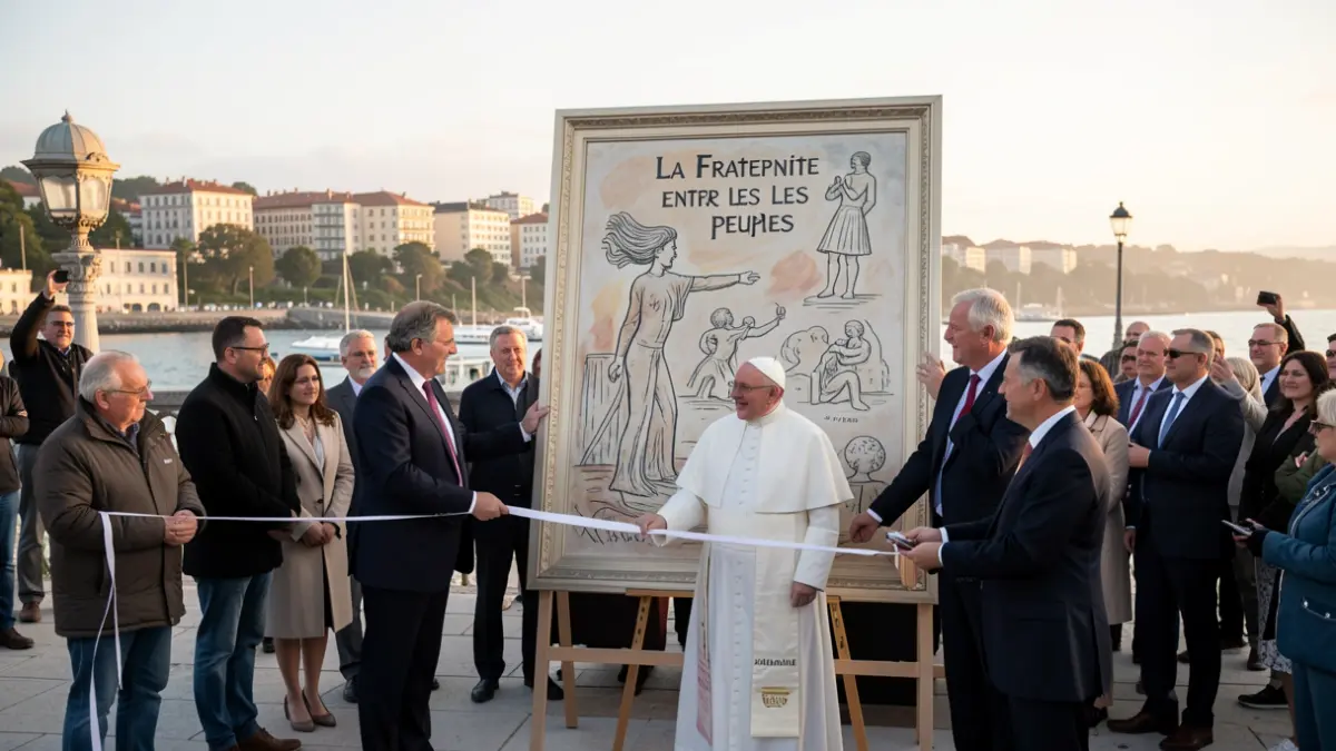 Le pape Léon XIV accueilli par le maire de Lourdes, Thierry Lavit, sur le pont Léon XIV.
