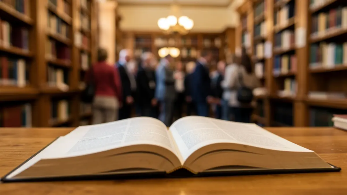 Gros plan d'un livre académique ouvert sur un bureau, avec une bibliothèque universitaire floue en arrière-plan.