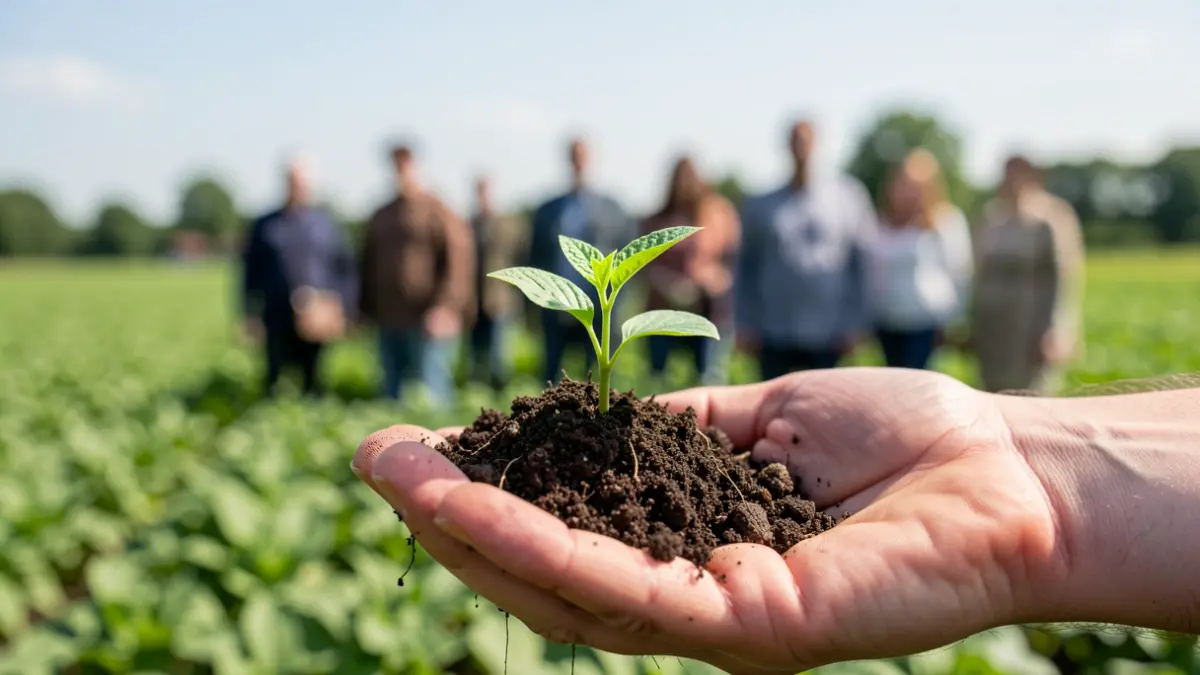 Close-up of a hand holding a young seedling with rich soil, symbolizing growth and sustainable agriculture, with blurred green fields and a bright, clear sky in the background.
