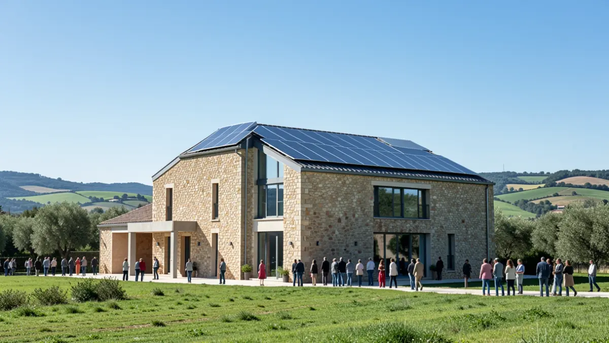 Façade d'un bâtiment moderne et écologique à Saint-Féliu-d’Avall, intégrant des panneaux solaires et de la pierre locale.