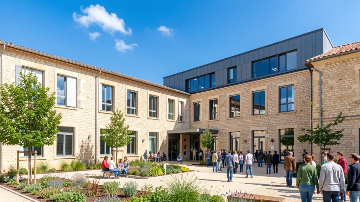 Exterior view of a modernized school in Narbonne, France, under a bright blue and sunny sky.