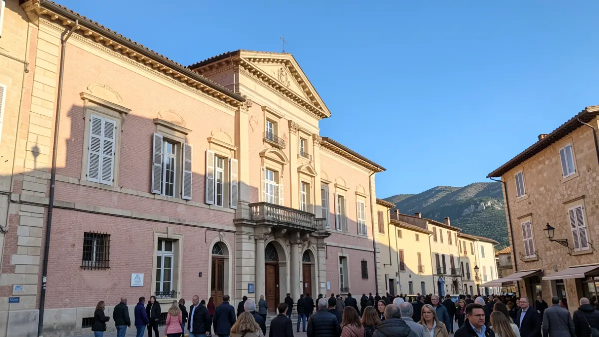 Facade of the town hall of Les Angles under a blue sky.