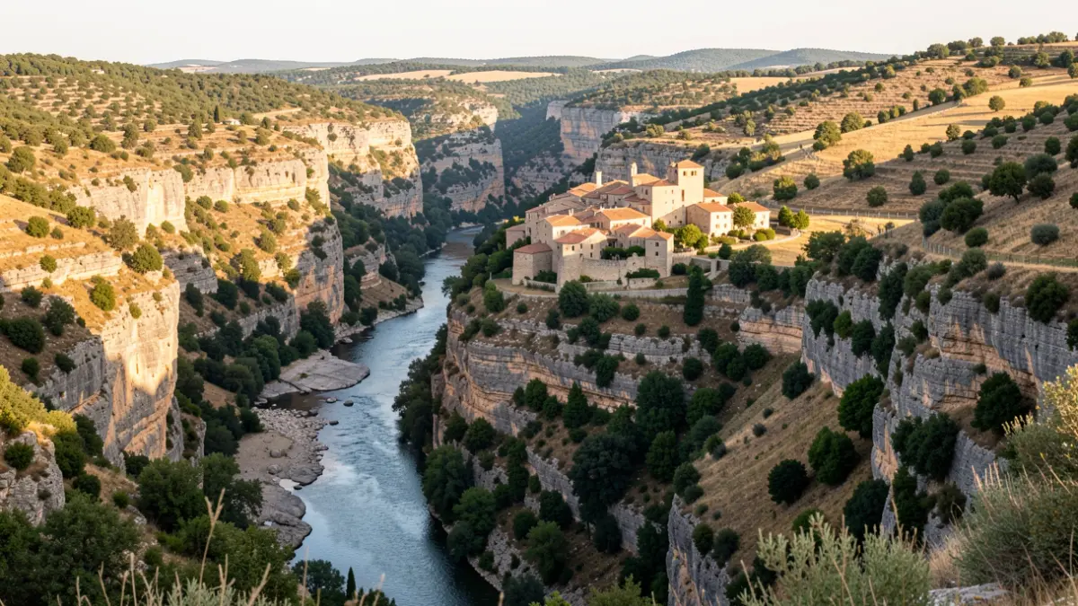 Panoramic view of the Gorges de l'Hérault with the village of Saint-Guilhem-le-Désert.