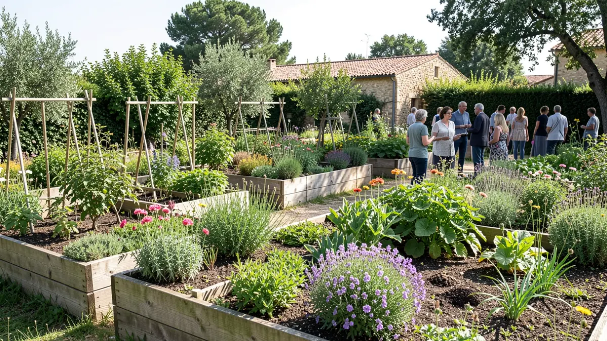 Family gardens in Vic-en-Bigorre with gardeners chatting.