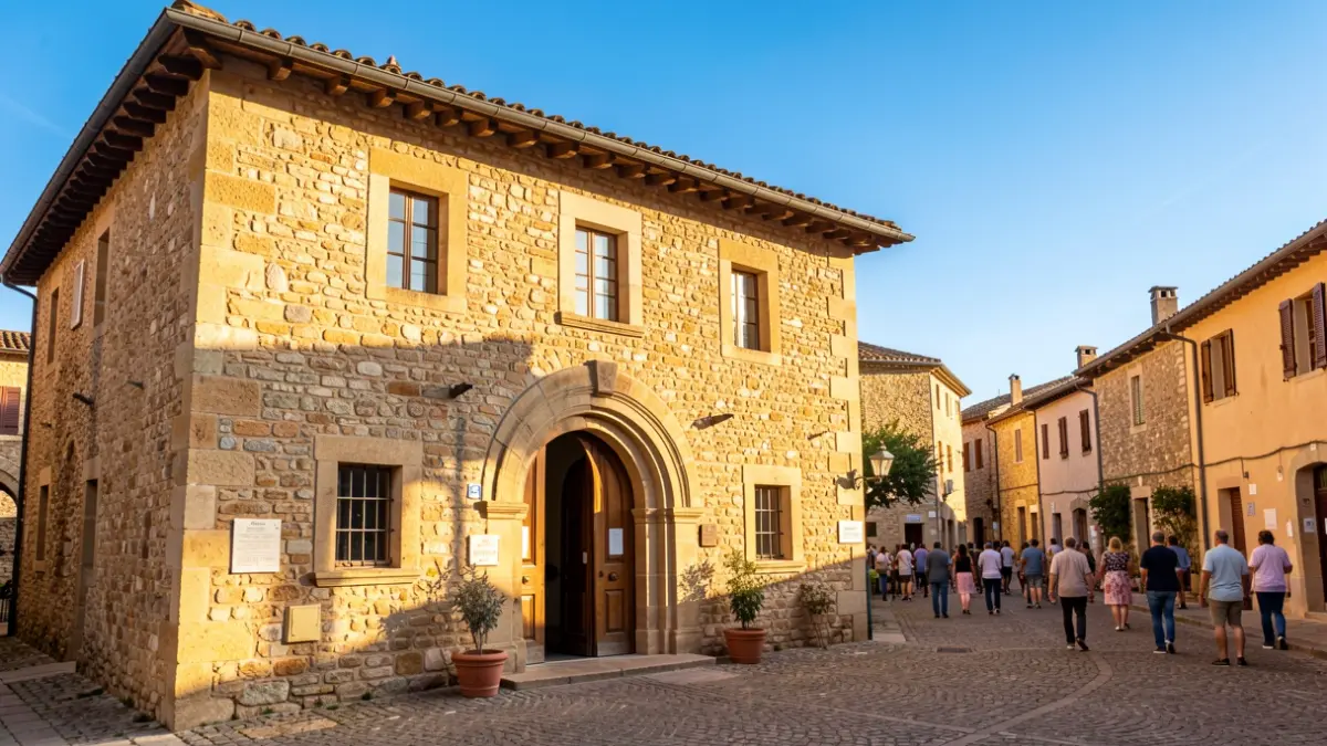 Traditional stone town hall building in Frouzins, sunny.