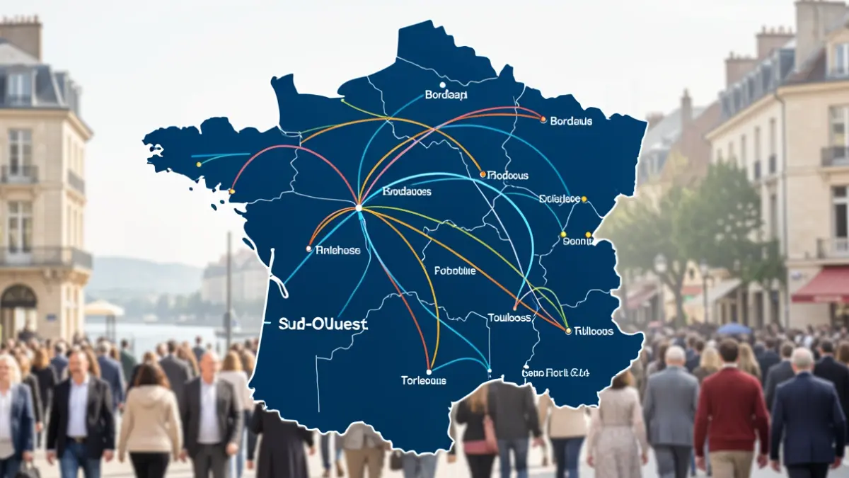Carte stylisée du Sud-Ouest de la France montrant les connexions ferroviaires à grande vitesse entre Bordeaux et Toulouse.