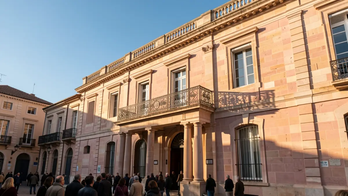 Façade de la mairie de Lourdes avec balcon en fer forgé et colonnes classiques, sous le soleil d'après-midi.