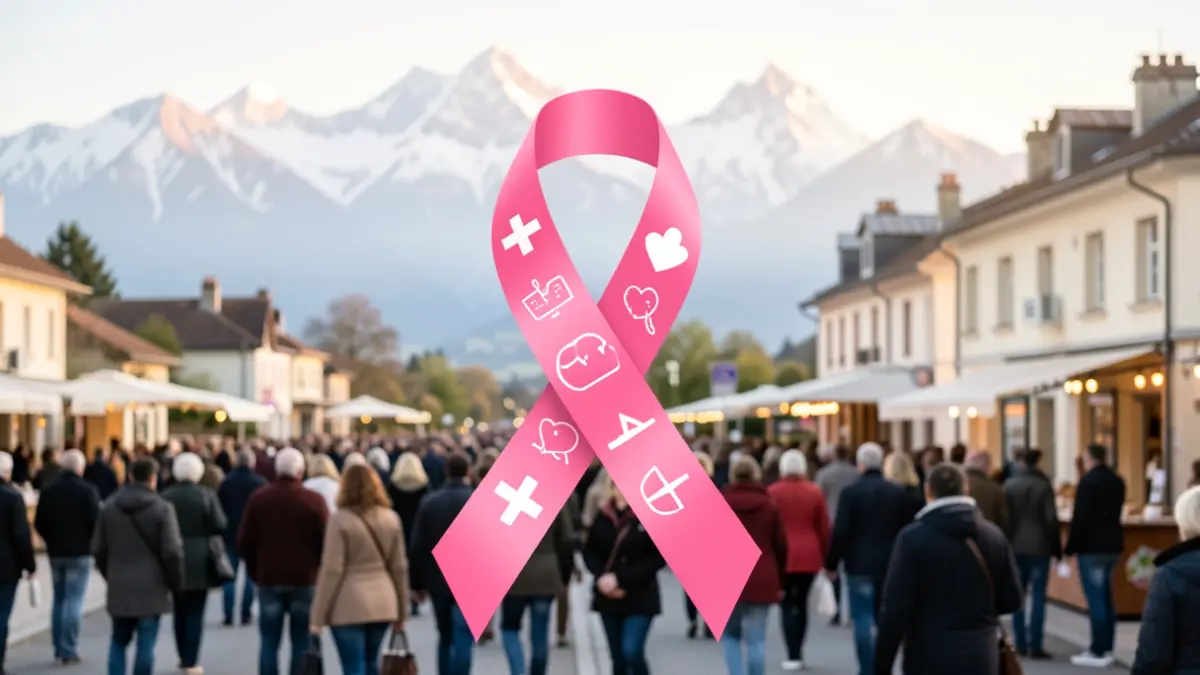 Image générique de la campagne Octobre Rose avec des symboles médicaux et un paysage montagneux.