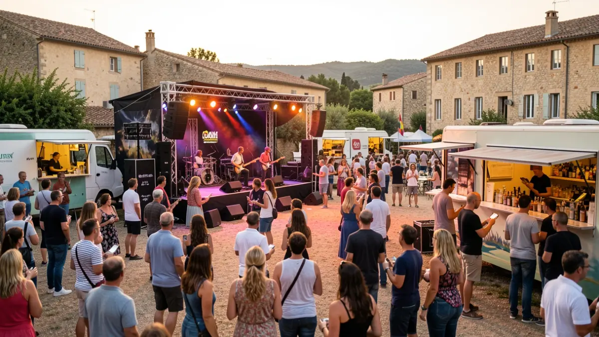 Scène de festival de musique en plein air à Maraussan avec ambiance festive.