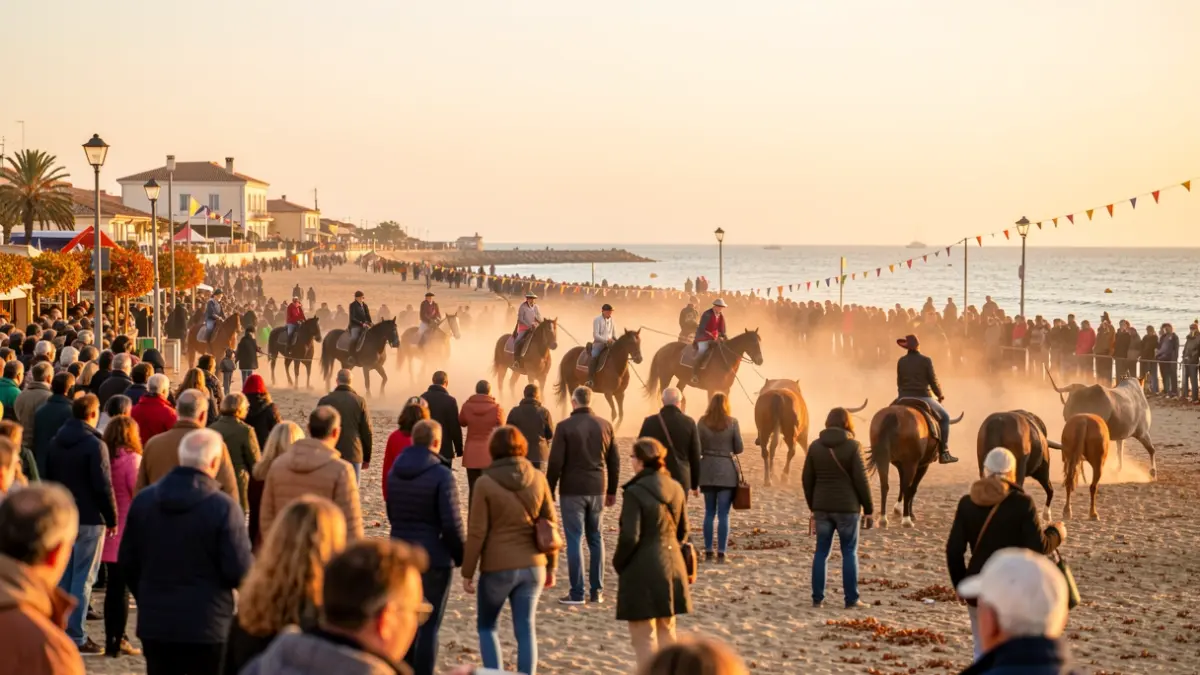 Scène de feria d'automne à Palavas-les-Flots avec foule, traditions taurines sur la plage et ambiance festive.