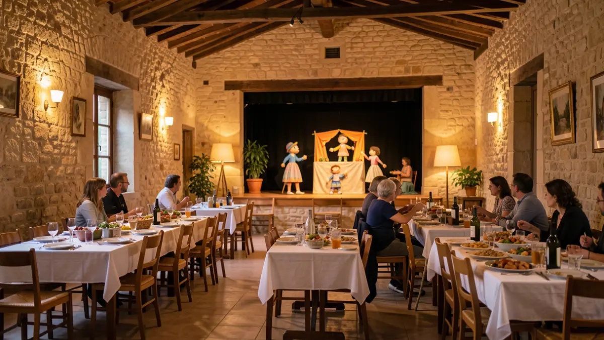 Image générique d'une salle de centre social aménagée pour un repas partagé et un spectacle familial.