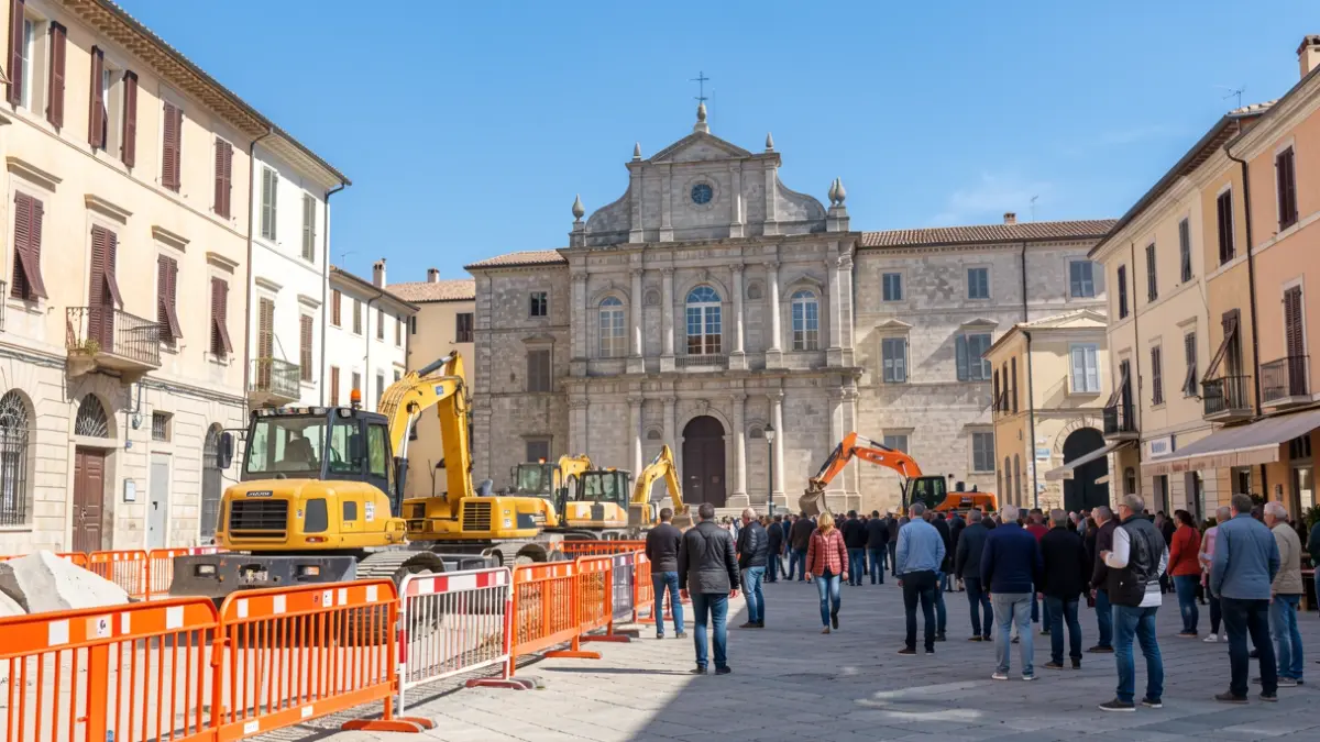 Urban construction site with machinery and safety barriers in front of the Marseillan town hall.