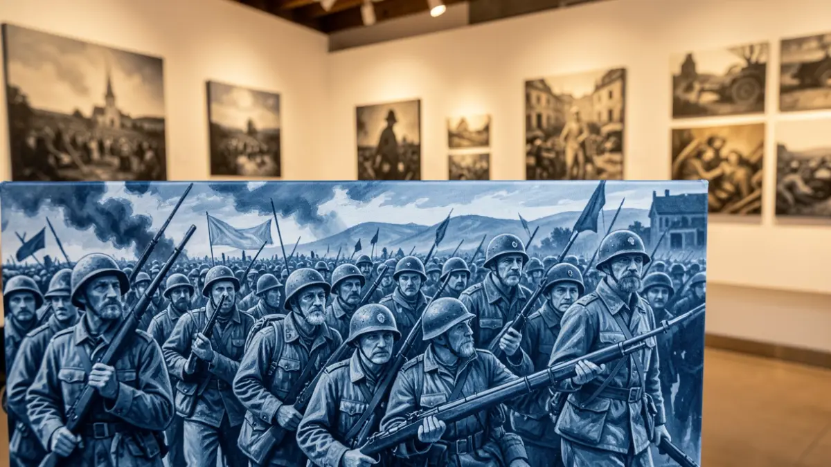 Peinture monochrome bleue de scènes de la Première Guerre mondiale, avec des panneaux philosophiques.