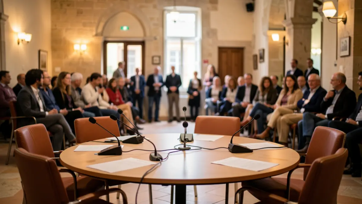 Salle de réunion avec table ronde, micros et chaises, ambiance chaleureuse.