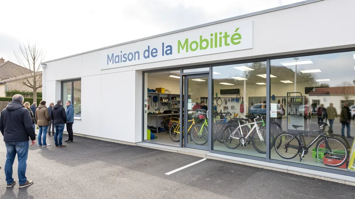 Façade de la Maison de la Mobilité à Mazamet, avec un atelier de réparation de vélos visible à travers une grande fenêtre.