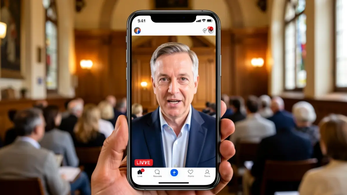 Generic image of a mayor speaking during a Facebook Live, with the app interface visible on a smartphone.