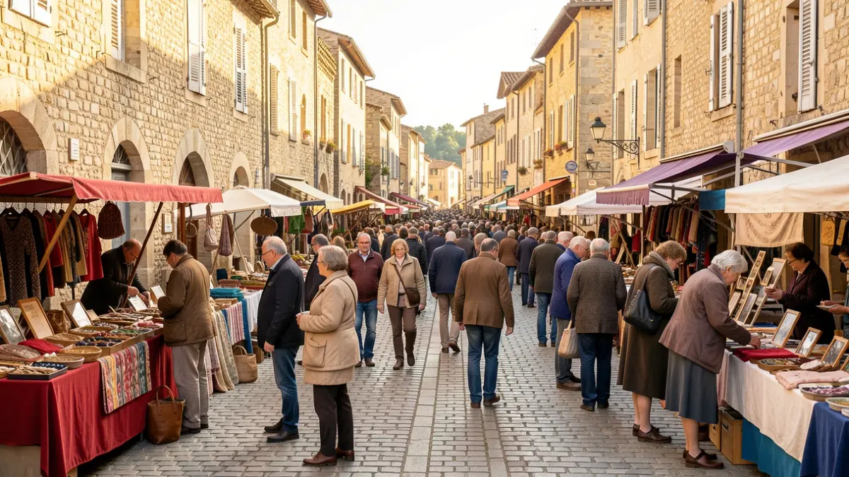 Scène animée d'un vide-grenier dans le centre-ville de Mazamet, avec des exposants et des visiteurs sous un soleil d'après-midi.