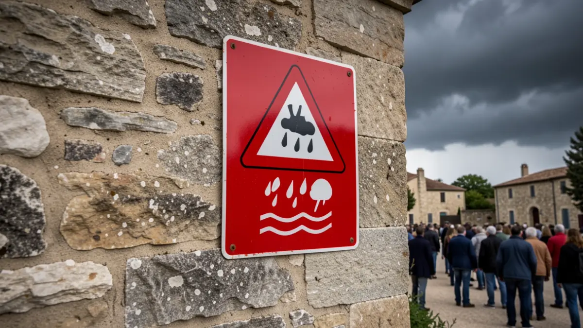 Red rain-flood alert sign on a stone wall in Mèze.