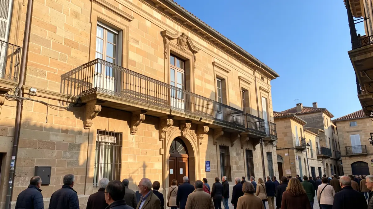 Façade en pierre d'un hôtel de ville d'Occitanie avec balcon orné et balustrade en fer forgé, soleil d'après-midi chaud projetant des ombres sur les murs en grès, ciel bleu.
