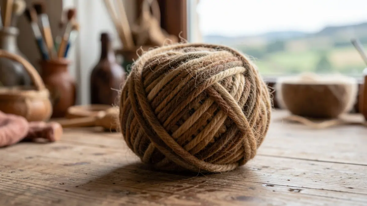 Close-up of a ball of natural wool yarn in earthy tones, resting on a rustic wooden table. In the background, blurred images of artisanal crafts and a hint of the Occitanie landscape. Soft, natural lighting.