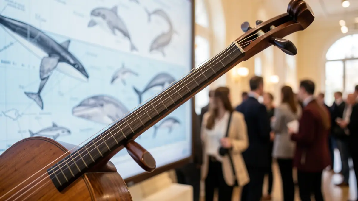 Poetic image blending literature and marine science: close-up of a Vietnamese Dan Bau instrument, evoking whale song, against a background of oceanographic charts.