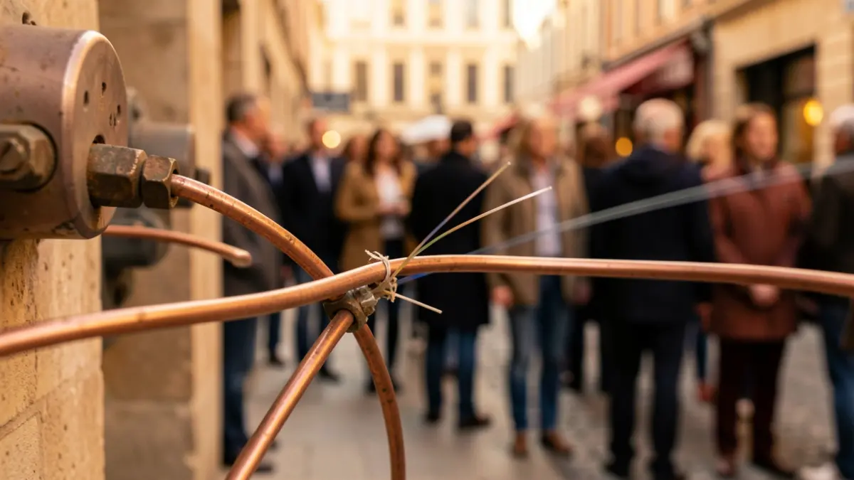 Image of a disconnected copper telephone cable with a fiber optic cable in the background.