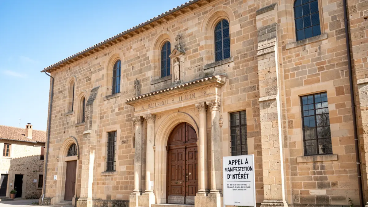 Façade du Carmel de Moissac avec un panneau d'appel à manifestation d'intérêt.