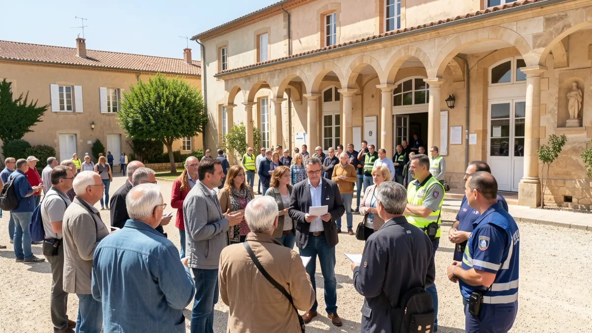 Image générique de parents et agents municipaux devant une école.