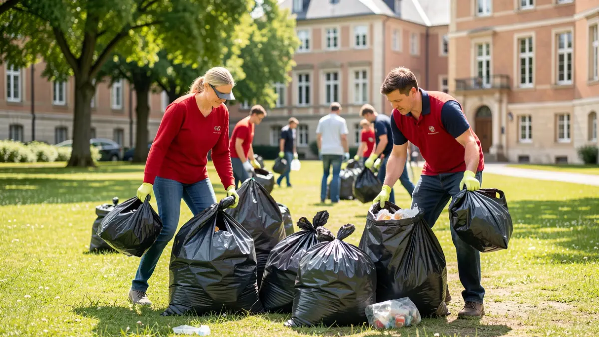 Generic image of volunteers cleaning a university campus.