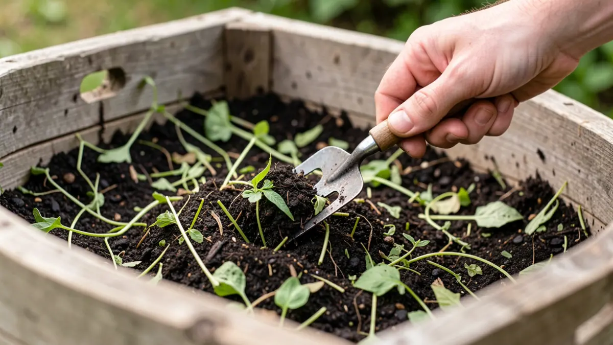 Gros plan d'un composteur individuel avec de la terre riche et de la matière végétale verte, suggérant une décomposition saine. Une main retourne doucement le compost avec une petite fourche de jardin. Lumière naturelle douce.