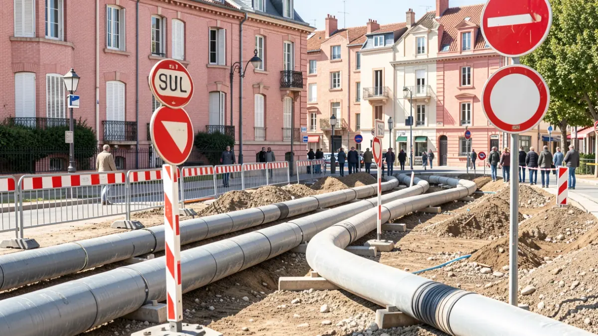 Construction site for the Cadereau des Limites development in Nîmes, showing pipe laying and traffic diversions.