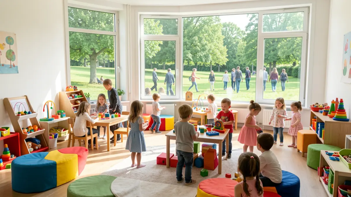 Image générique d'un espace d'accueil pour jeunes enfants lumineux et coloré, avec des jeux et une vue sur un parc.