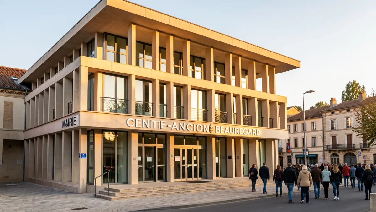 Façade de la mairie de Millau, France, dans le quartier Centre-Ancien-Beauregard, sous le soleil d'après-midi.