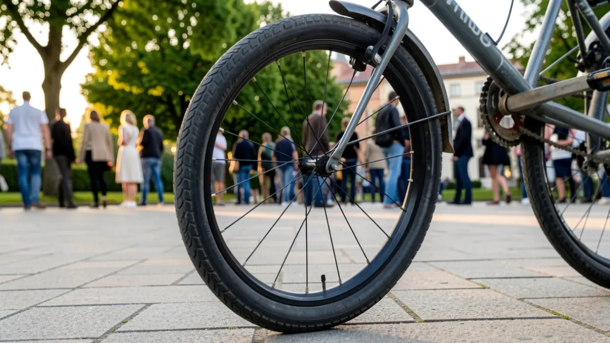 Generic image of a bicycle wheel on a path with blurred people in the background.