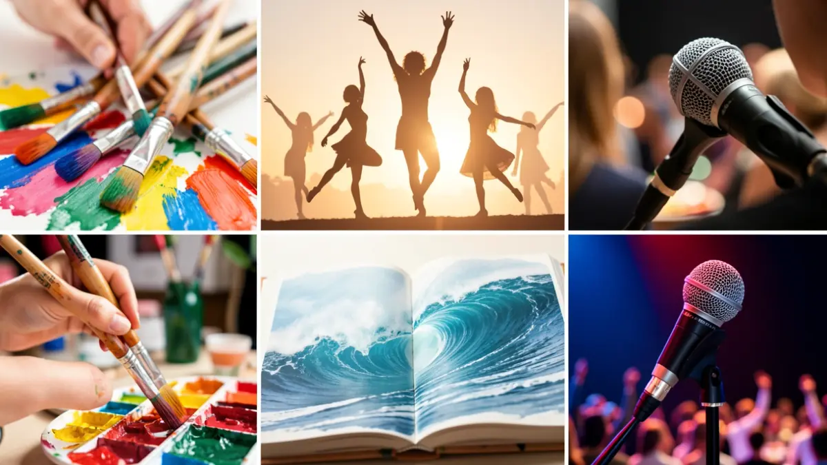 Collage of cultural activities: paintings, dance, ocean-themed book, stage microphone, in a Southern France style.