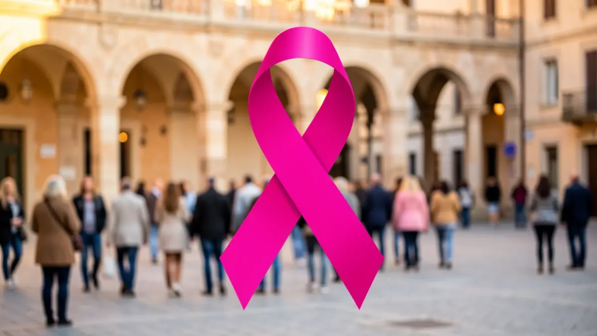 Pink ribbon symbol against a backdrop of a village square in Occitanie.