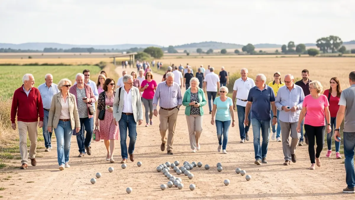 Image générique de mobilisation communautaire pour Octobre Rose en Petite Camargue, avec des participants souriants lors d'une marche solidaire ou d'une partie de pétanque.