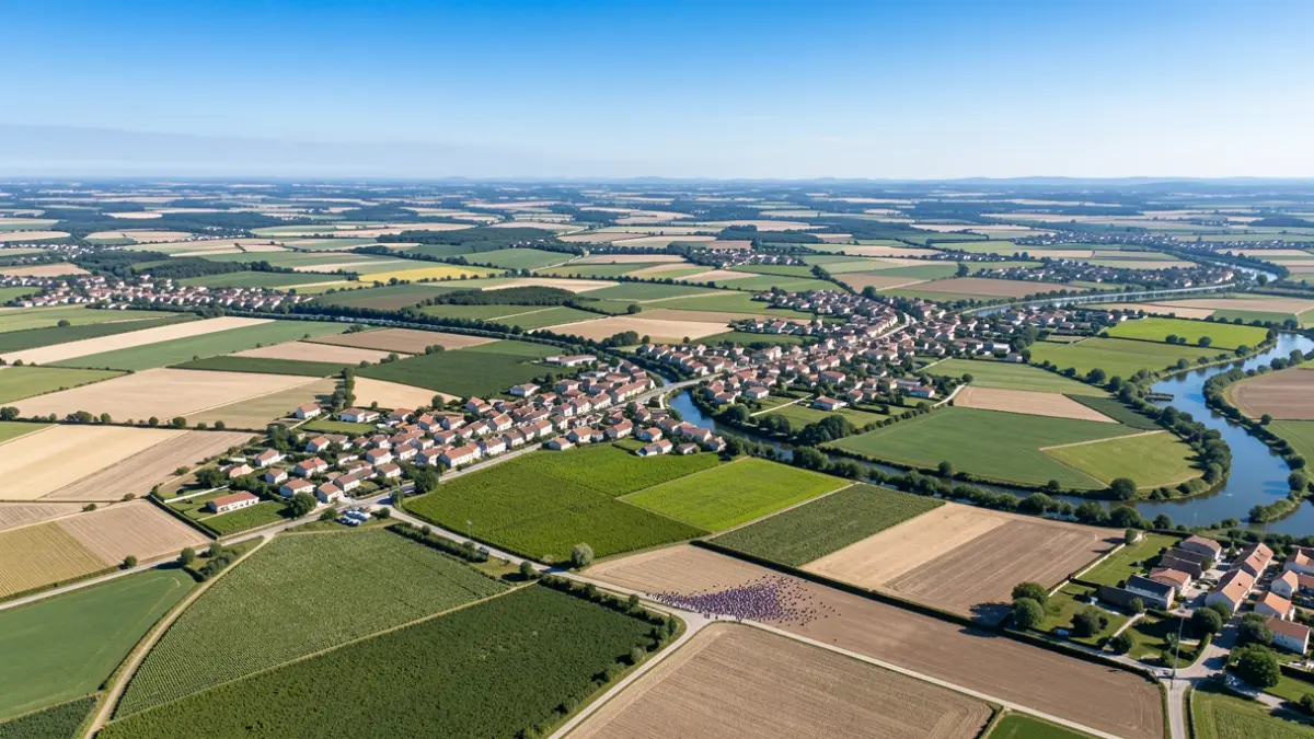 Vue aérienne du Pays du Val d’Adour, montrant un paysage rural avec champs, bourgs et rivières.