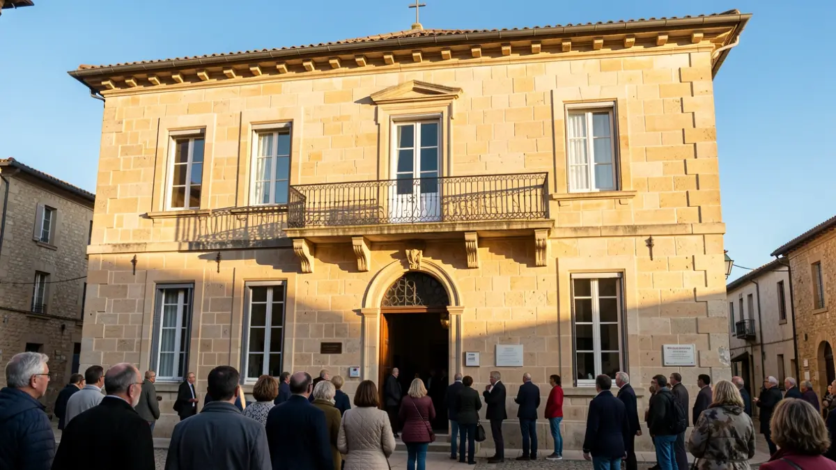 Façade de la mairie de Gourdon, un bâtiment en pierre avec un balcon orné et des balustrades en fer forgé, sous un chaud soleil d'après-midi.