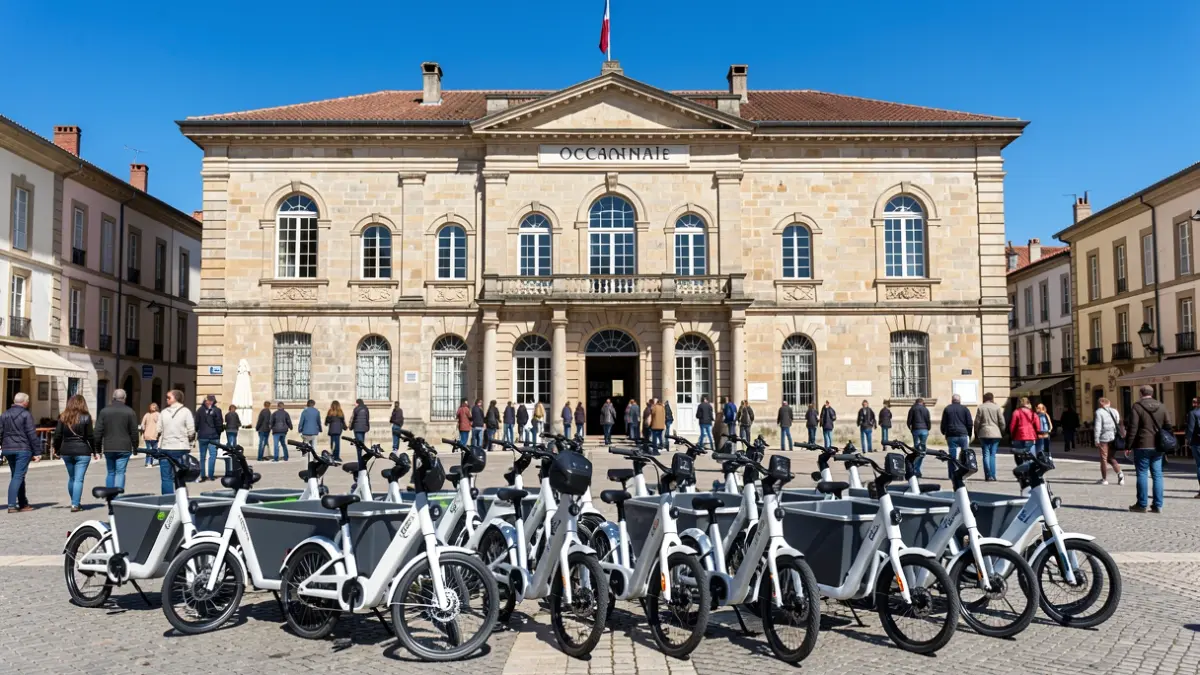 Image générique de vélos cargos électriques devant une mairie d'Occitanie.
