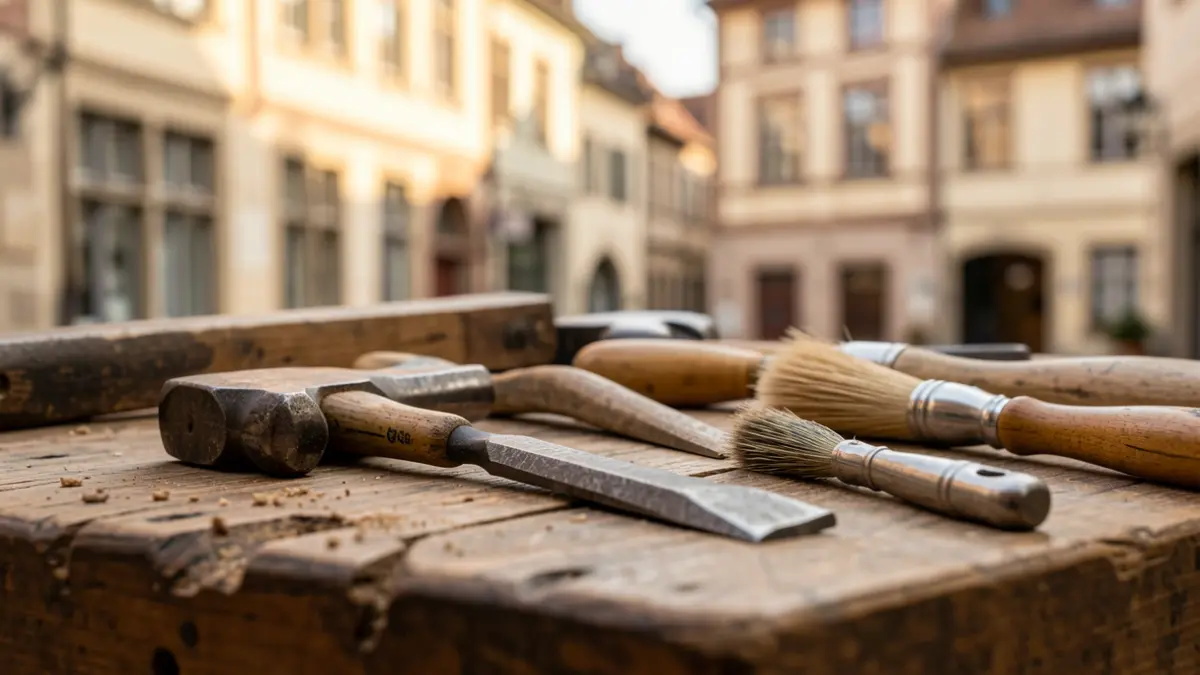 Outils d'artisans d'art sur un établi en bois, avec des façades de bâtiments historiques floues en arrière-plan.
