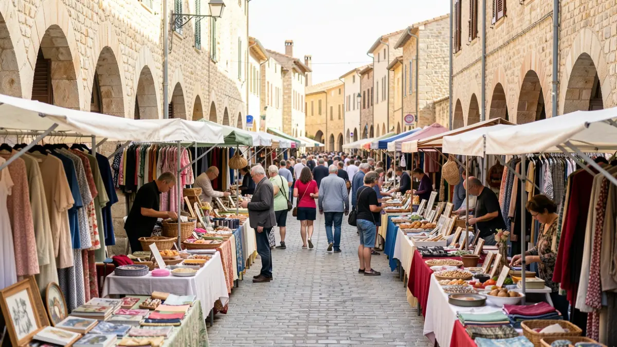 Scène animée du Grand Bazar à Pézenas, avec des centaines de commerçants et de visiteurs dans les rues.