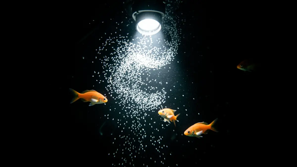 Image of a night dive revealing tiny, colorful planktonic life off the coast of Le Grau-du-Roi.