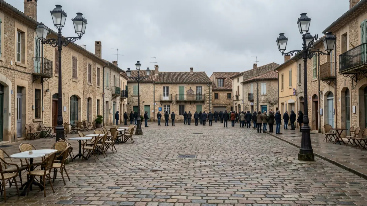 Deserted town square in Pont-Saint-Esprit under a threatening sky.
